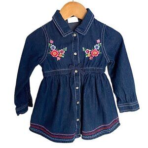 Nanette Baby Floral Embroidered Button Down Denim Dress 2T
